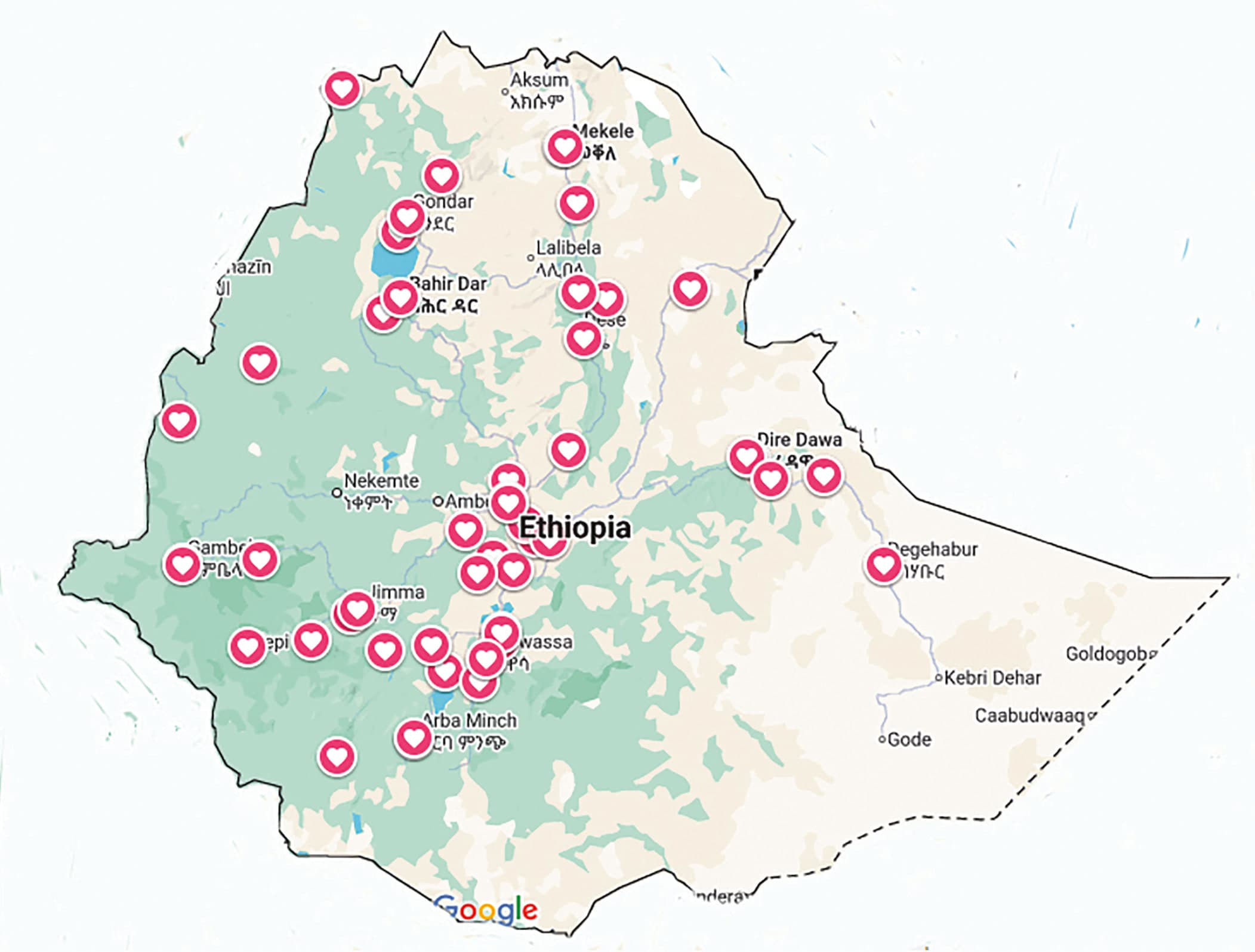 Map of Ethiopia showing Simbona installation and donation locations